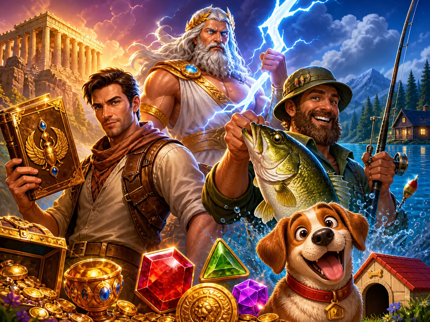 Promotional artwork for NV Casino showcasing vibrant slot game characters and worlds, featuring a mix of fantasy, treasure, a