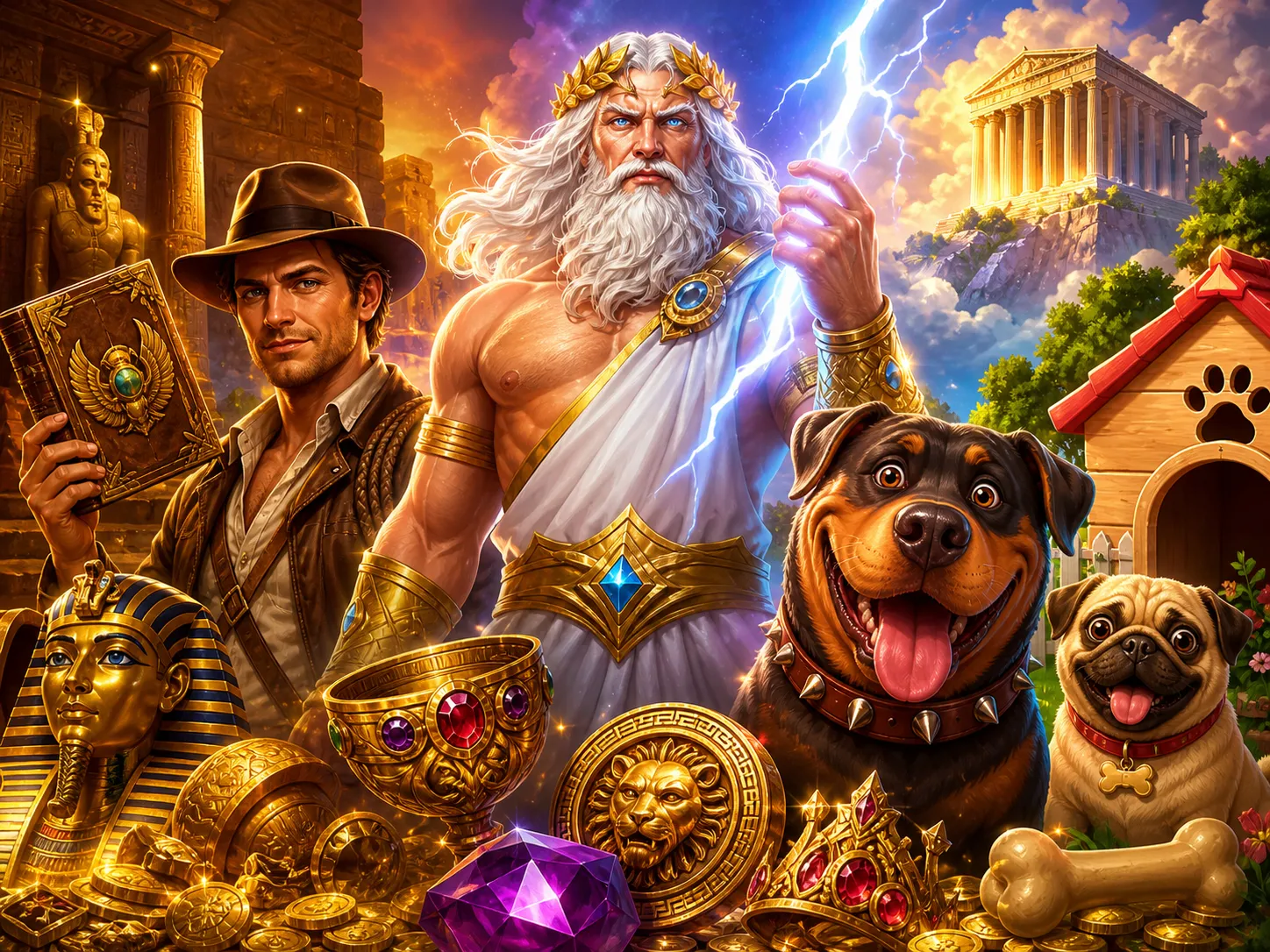 Image showcasing colorful slot game characters and worlds for NV Casino Poland.